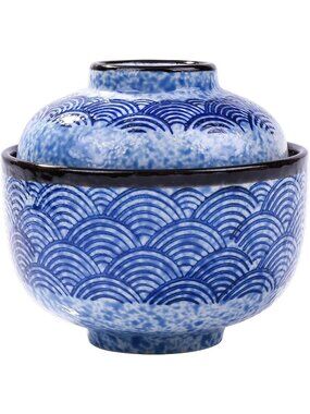 Blue Wave Ceramic Stew Pot with Lid - 8.5oz Small Soup Bowl for Single Servings